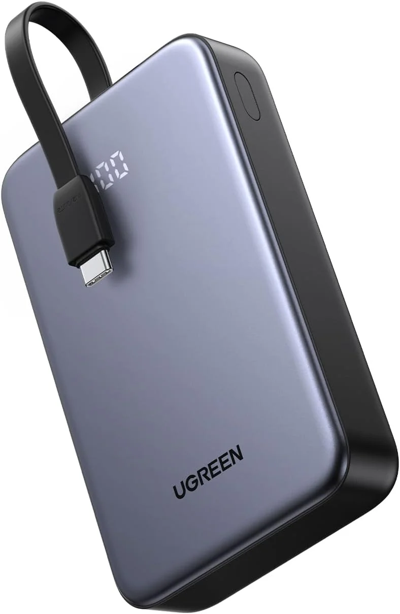 پاور بانک 20000 میلی آمپر ساعتی UGREEN، 22.5 وات، شارژر قابل حمل با کابل USB C داخلی، 1Type C، 1 USB A، بسته باتری تلفن همراه خارجی 3 خروجی برای آیفون 16 پرو/پرو مکس/16/15/14، گلکسی S25 Ultra و غیره