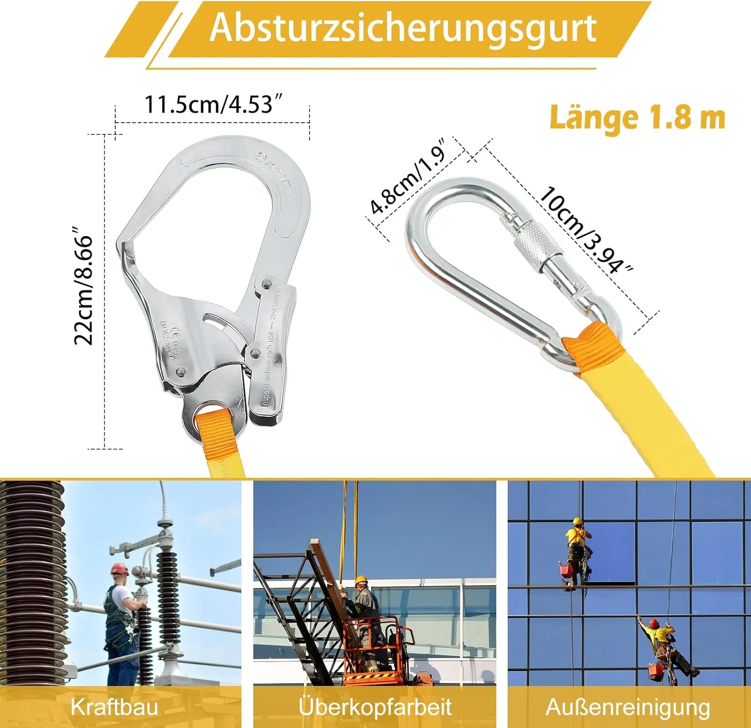 طناب ایمنی 1.8 متری محافظت در برابر سقوط MaxEarn، طناب ایمنی پلی استر با مقاومت بالا، طناب ایمنی هارنس صعود با قلاب کارابین فولادی آلیاژی برای کار در ارتفاع در فضای باز