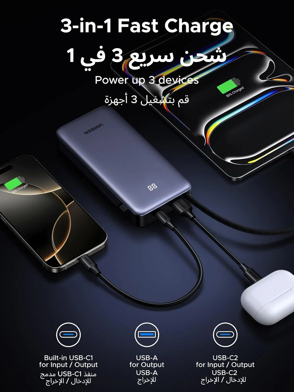 پاوربانک شارژ سریع 45 واتی UGREEN با ظرفیت 20000 میلی آمپر ساعت به همراه کابل USB C داخلی، شارژر قابل حمل با 1 پورت USB C، 1 پورت USB A، نمایشگر LED، باتری تلفن همراه برای آیفون 17 پرو مکس/16، گلکسی S25 Ultra (PPS 45W) و غیره