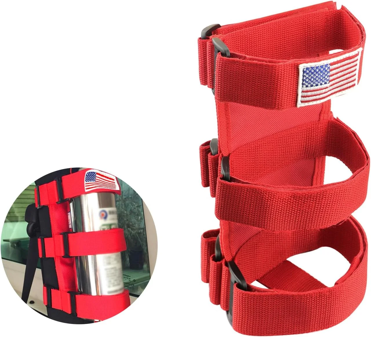 نگهدارنده کپسول آتش نشانی Ziciner 2.5-3 پوندی قابل تنظیم برای میله غلتکی، بند کپسول آتش نشانی طرح پرچم آمریکا Bartact، لوازم جانبی خودرو جهانی برای اتومبیل، SUV، کامیون و غیره (قرمز)