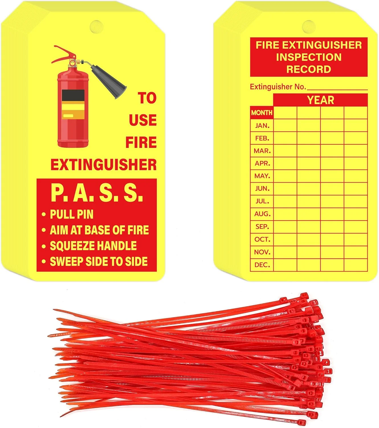 YHNTGB 160 عدد برچسب کپسول آتش نشانی به همراه بست کمربندی سیمی قابل تنظیم، برچسب های ثبت بازرسی ماهانه برای فضای داخلی و خارجی، 10.6 در 5.3 سانتی متر، زرد
