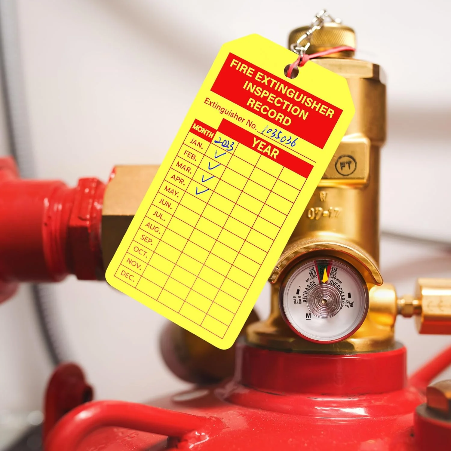 YHNTGB 160 عدد برچسب کپسول آتش نشانی به همراه بست کمربندی سیمی قابل تنظیم، برچسب های ثبت بازرسی ماهانه برای فضای داخلی و خارجی، 10.6 در 5.3 سانتی متر، زرد