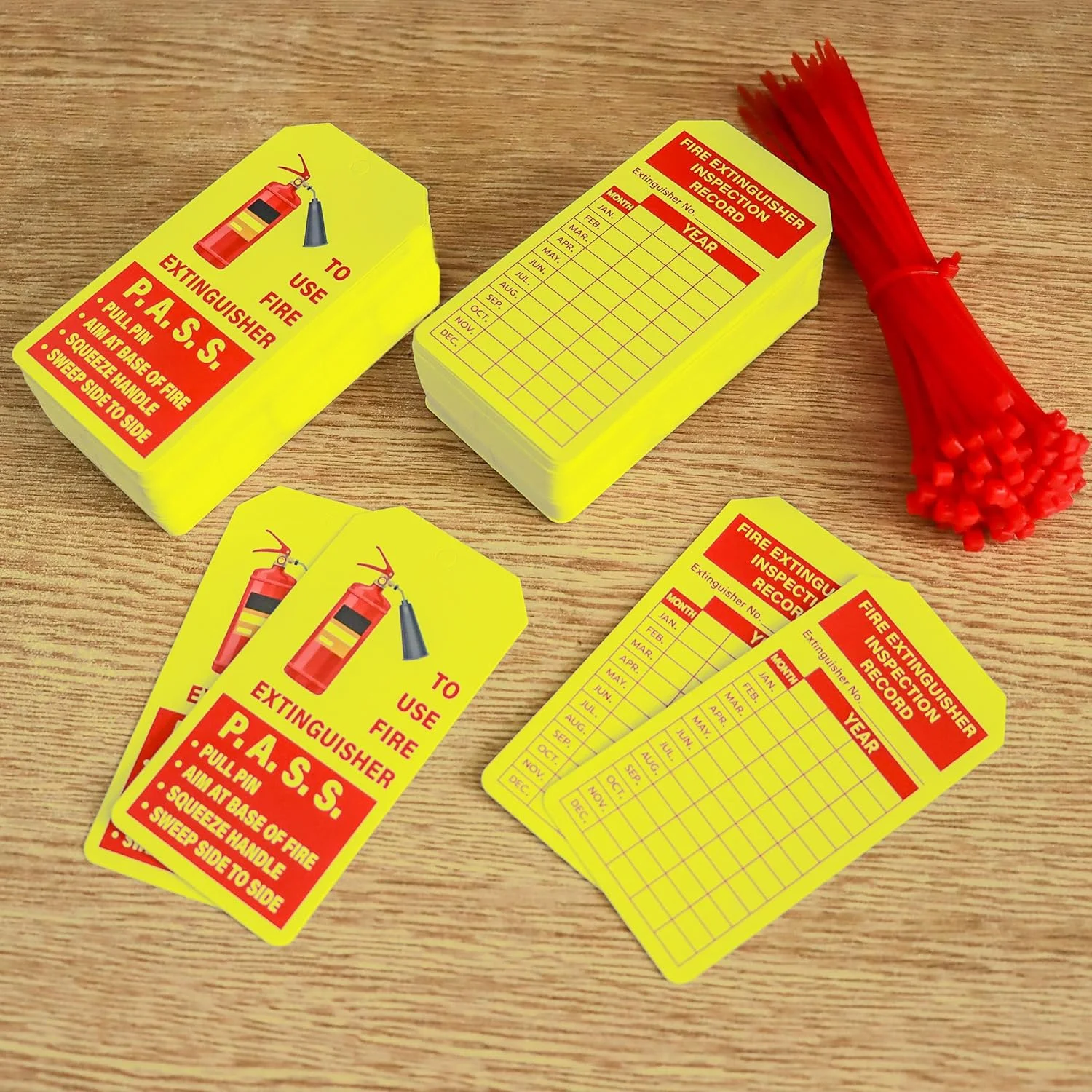 YHNTGB 160 عدد برچسب کپسول آتش نشانی به همراه بست کمربندی سیمی قابل تنظیم، برچسب های ثبت بازرسی ماهانه برای فضای داخلی و خارجی، 10.6 در 5.3 سانتی متر، زرد