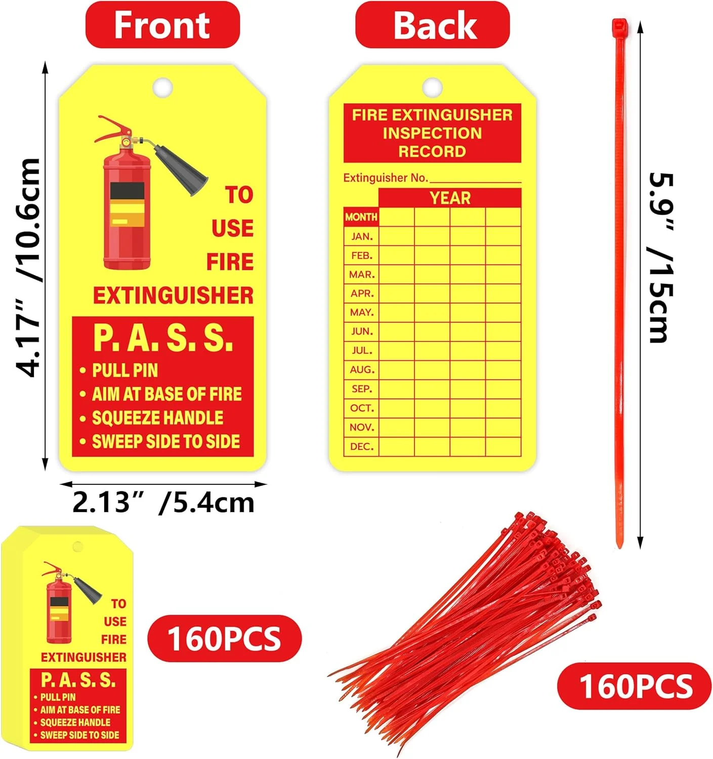 YHNTGB 160 عدد برچسب کپسول آتش نشانی به همراه بست کمربندی سیمی قابل تنظیم، برچسب های ثبت بازرسی ماهانه برای فضای داخلی و خارجی، 10.6 در 5.3 سانتی متر، زرد