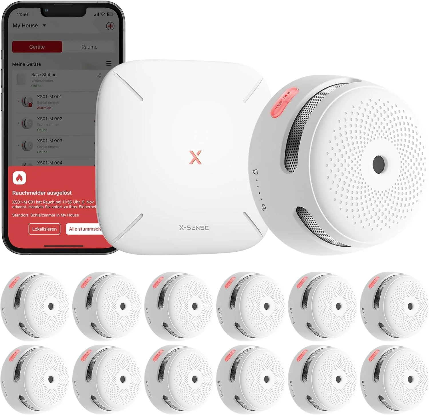 دتکتور دود وای فای X-Sense، کیت امنیتی خانه با ایستگاه پایه SBS50، آلارم آتش بی سیم دارای گواهینامه TÜV و EN14604، سازگار با برنامه امنیتی خانه X-Sense، FS121