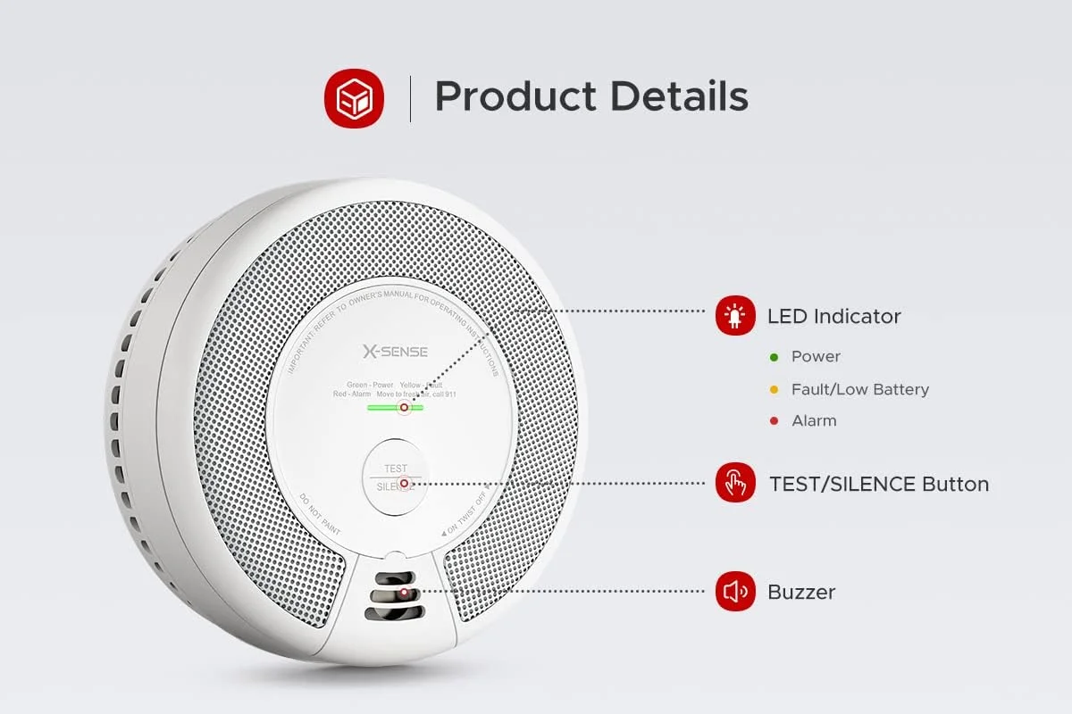آشکارساز دود و مونوکسید کربن بی‌سیم X-Sense، آلارم آتش و CO با باتری 10 ساله، مدل SC06-W، بسته‌ی 1 عددی