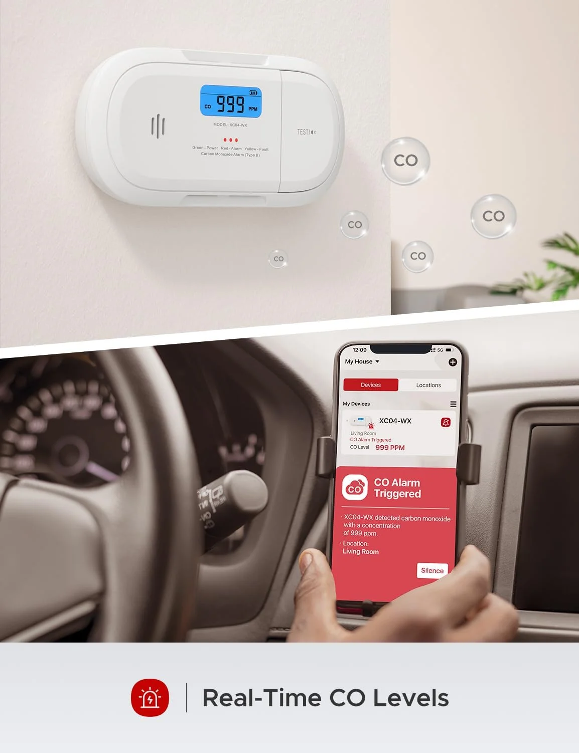 دتکتور مونوکسید کربن هوشمند X-Sense، دتکتور CO وای فای، اعلان‌های فوری از طریق برنامه امنیتی خانه X-Sense، باتری قابل تعویض، XC04-WX