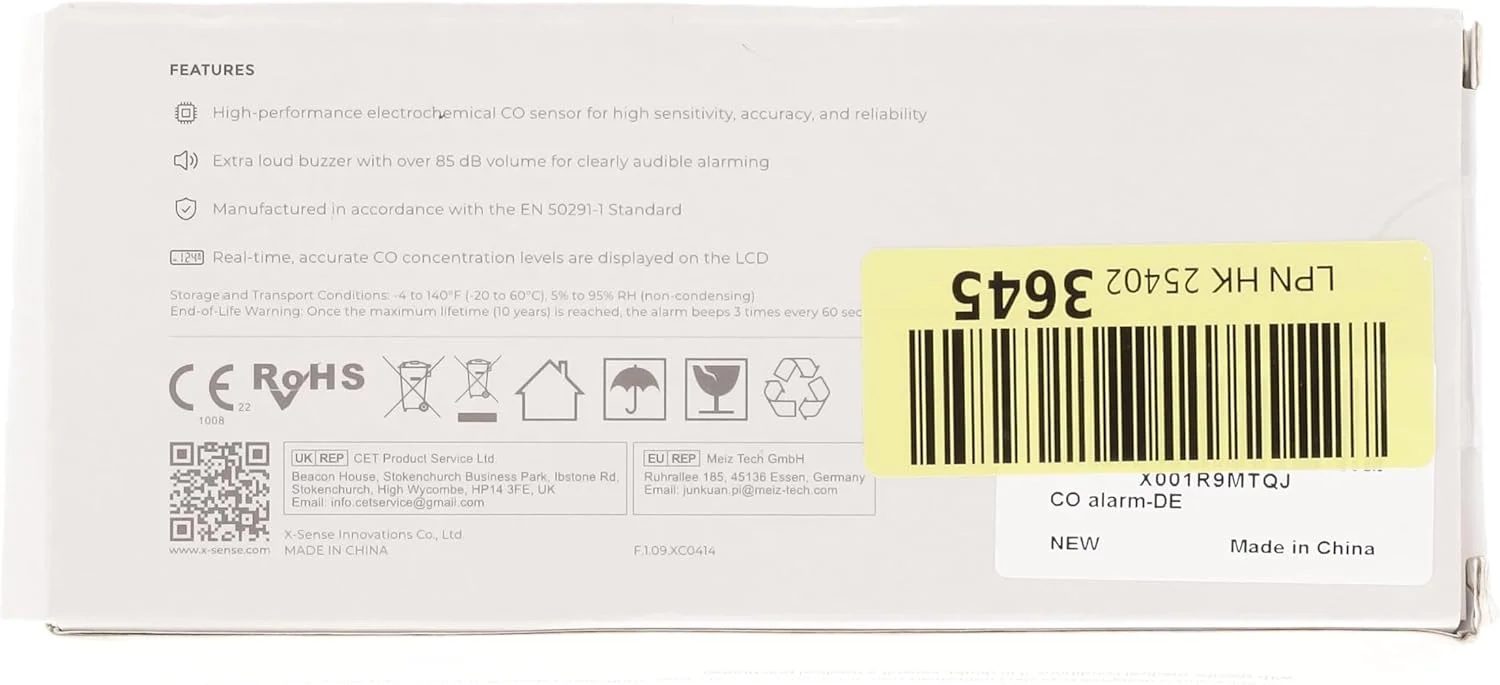 دتکتور مونوکسید کربن X-Sense با حافظه پیک، سنسور دقیق با باتری 10 ساله و نمایشگر LCD، دارای گواهینامه TÜV Rheinland مطابق با استاندارد EN 50291، مدل XC04-R