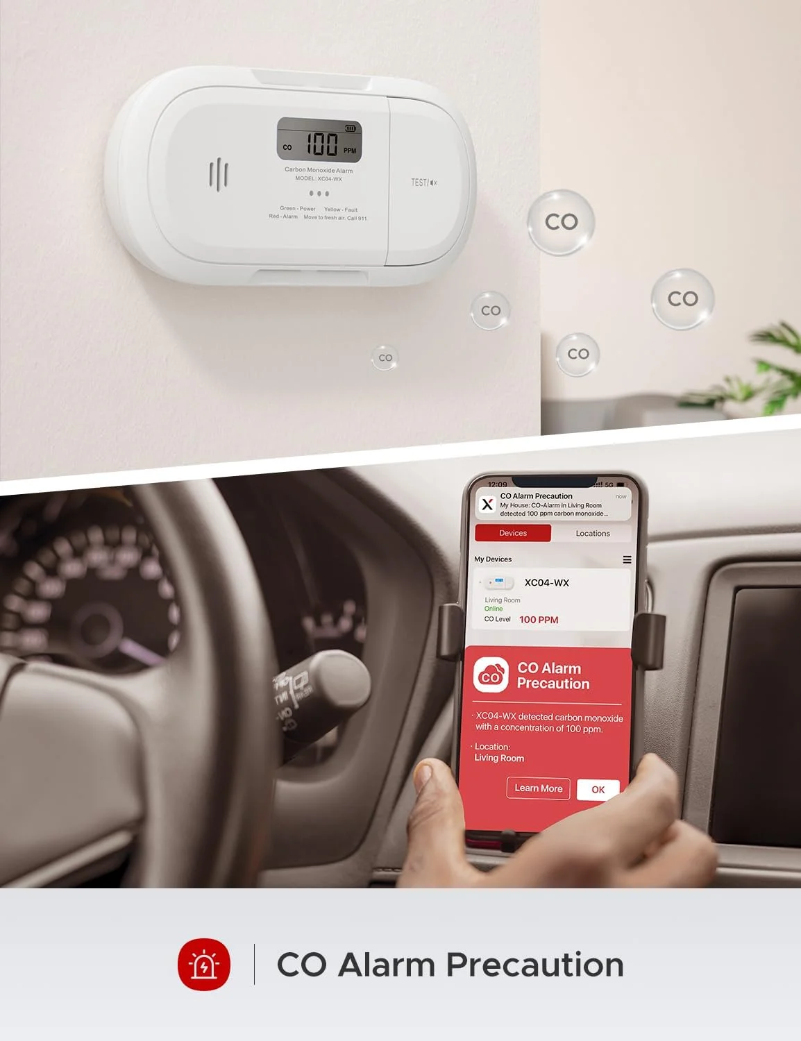 دتکتور مونوکسید کربن هوشمند X-Sense، دتکتور CO وای فای، اعلان‌های فوری از طریق برنامه امنیتی خانه X-Sense، باتری قابل تعویض، XC04-WX