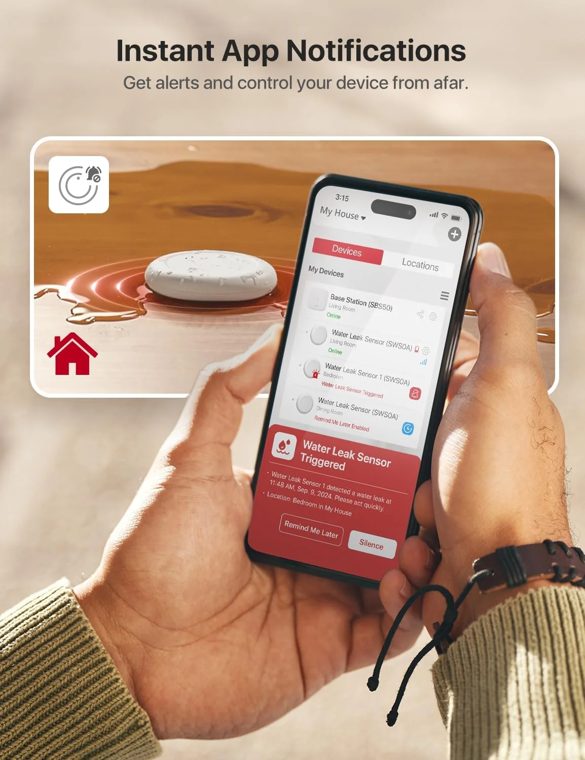 کیت تشخیص نشت آب وای فای X-Sense، آلارم حسگر هوشمند آب با هشدارهای برنامه و طراحی فوق العاده نازک، آشکارساز نشت برای زیرزمین، 4 حسگر آب و 1 ایستگاه پایه، مدل SWS0A41