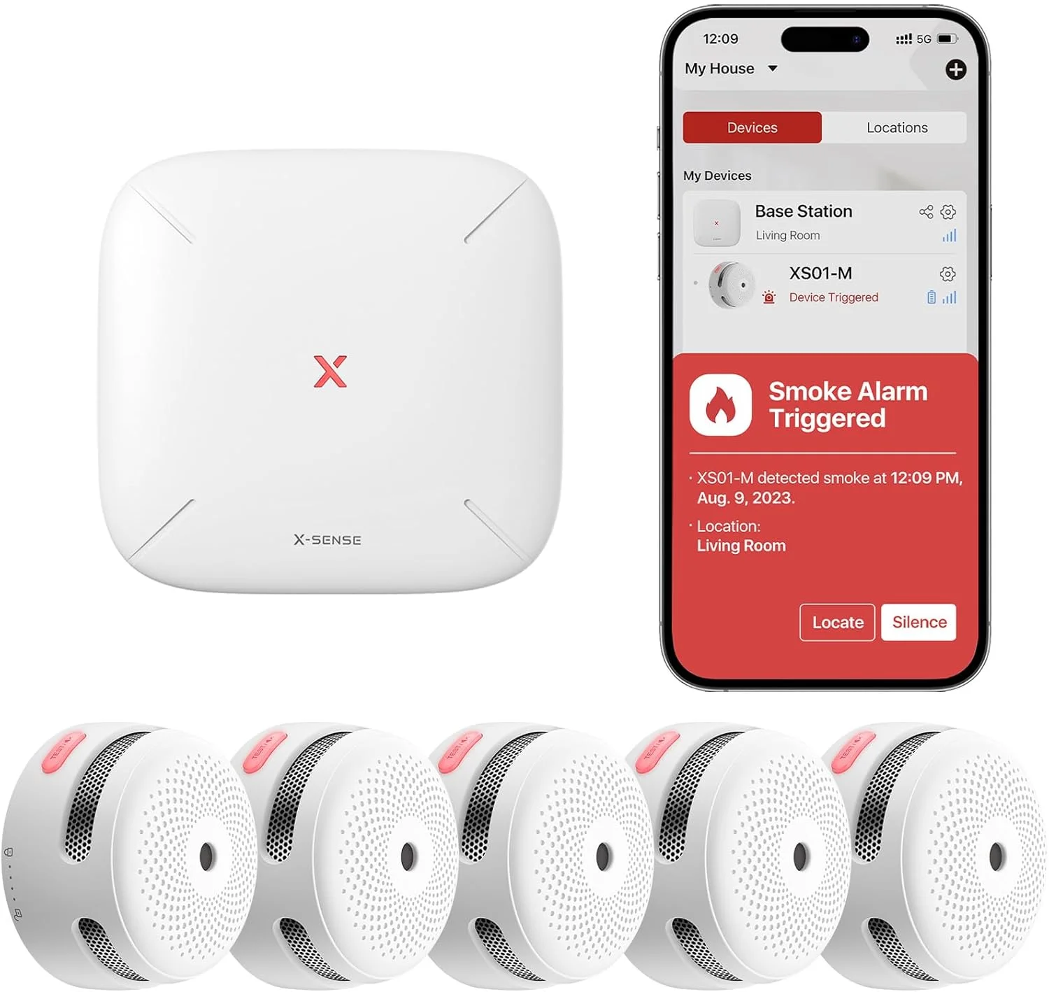 X-Sense Smart Smoke Detectors with SBS50 Base Station, Wi-Fi Smoke Alarm Compatible with X-Sense Home Security App, Wireless Interconnected Mini Fire Alarm, Model FS51 X-Sense Smart Smoke Detectors with SBS50 Base Station, Wi-Fi Smoke Alarm Compatible with X-Sense Home Security App, Wireless Interconnected Mini Fire Alarm, Model FS51