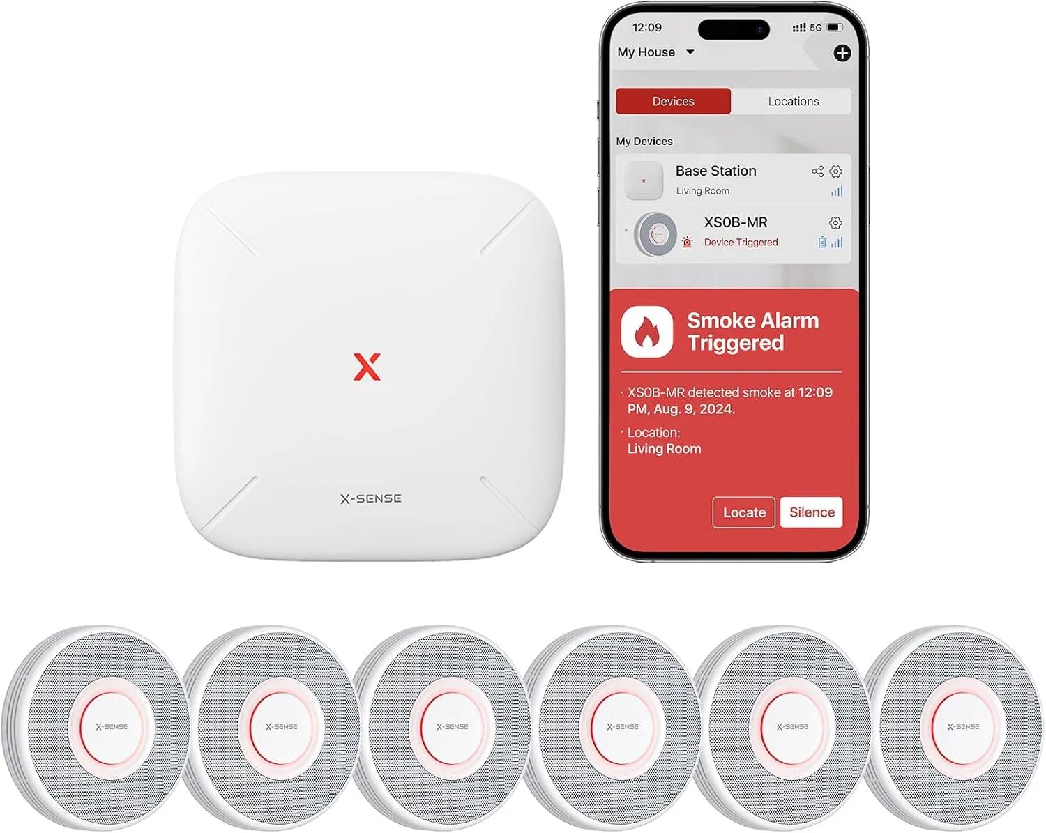 دتکتور دود هوشمند X-Sense با هشدارهای صوتی و 17 موقعیت مکانی، آلارم دود Wi-Fi با ایستگاه پایه SBS50، تست از طریق برنامه، آلارم آتش سوزی بی سیم متصل، مدل XS0B-MR61