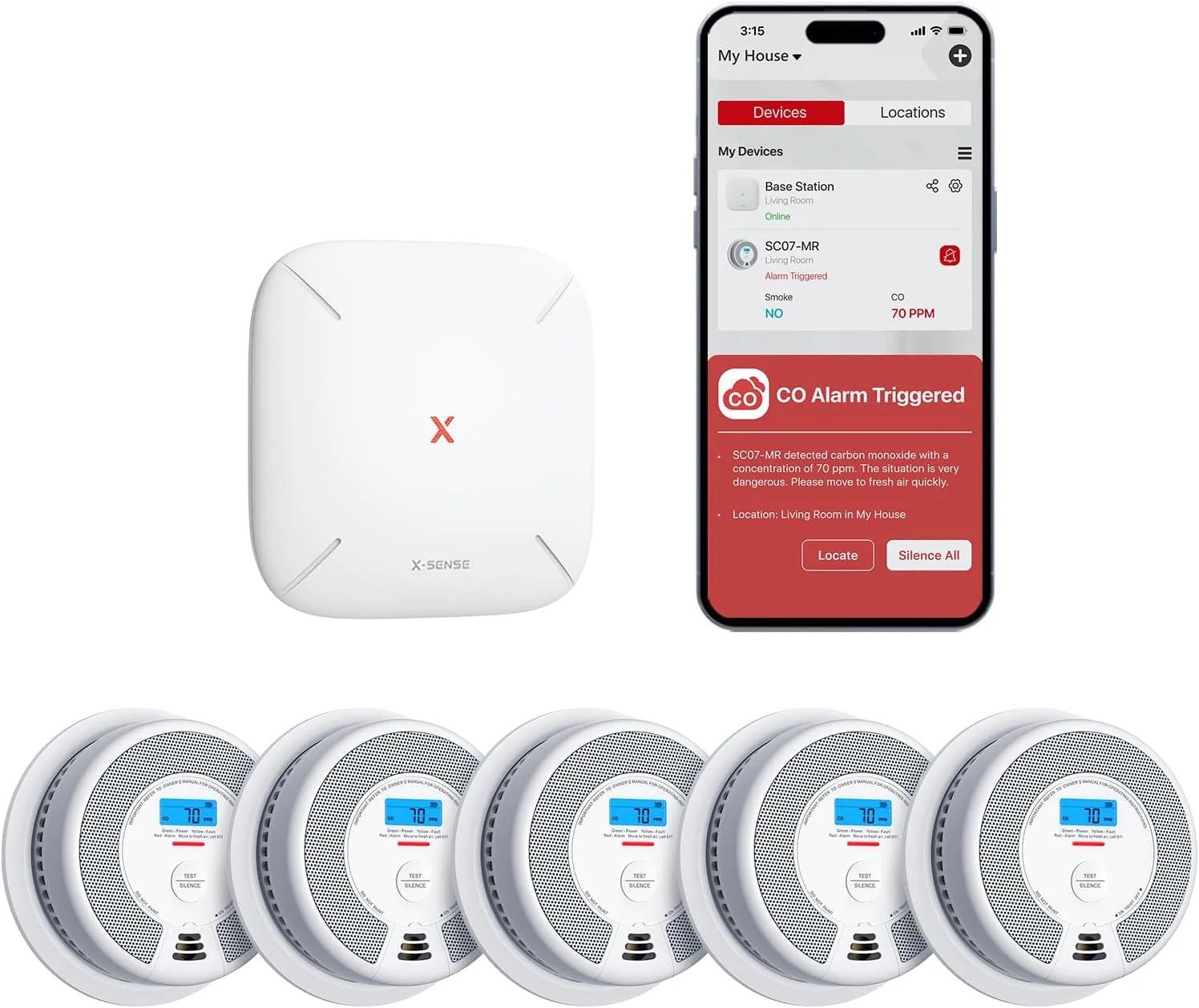 کیت ترکیبی دتکتور هوشمند دود و مونوکسید کربن X-Sense، باطری خور (بدون سیم کشی AC)، دتکتور ترکیبی دود و مونوکسید کربن متصل به هم، 5 دتکتور با 1 ایستگاه پایه، مدل SC07-MR51