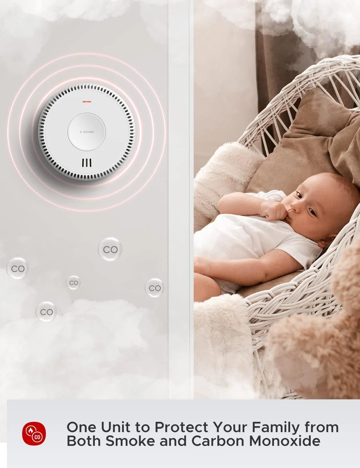 دتکتور ترکیبی دود و مونوکسید کربن سیمی X-Sense، آلارم دتکتور دود و CO سیمی متصل به هم با باتری پشتیبان قابل تعویض، XP04 (بسته 3 عددی)