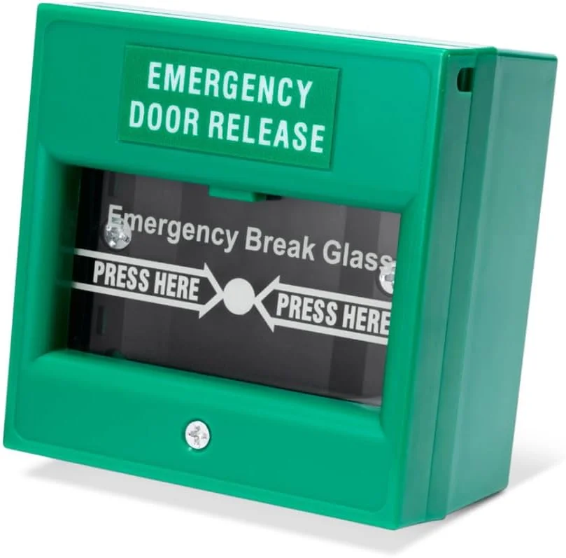 نقطه شکست شیشه ای رهاسازی اضطراری درب SecureMyDoor | نصب سطحی پلاستیکی سبز | لغو دستی دو قطبی برای کنترل دسترسی قفل های مغناطیسی | ایده آل برای ساختمان های تجاری و مسکونی