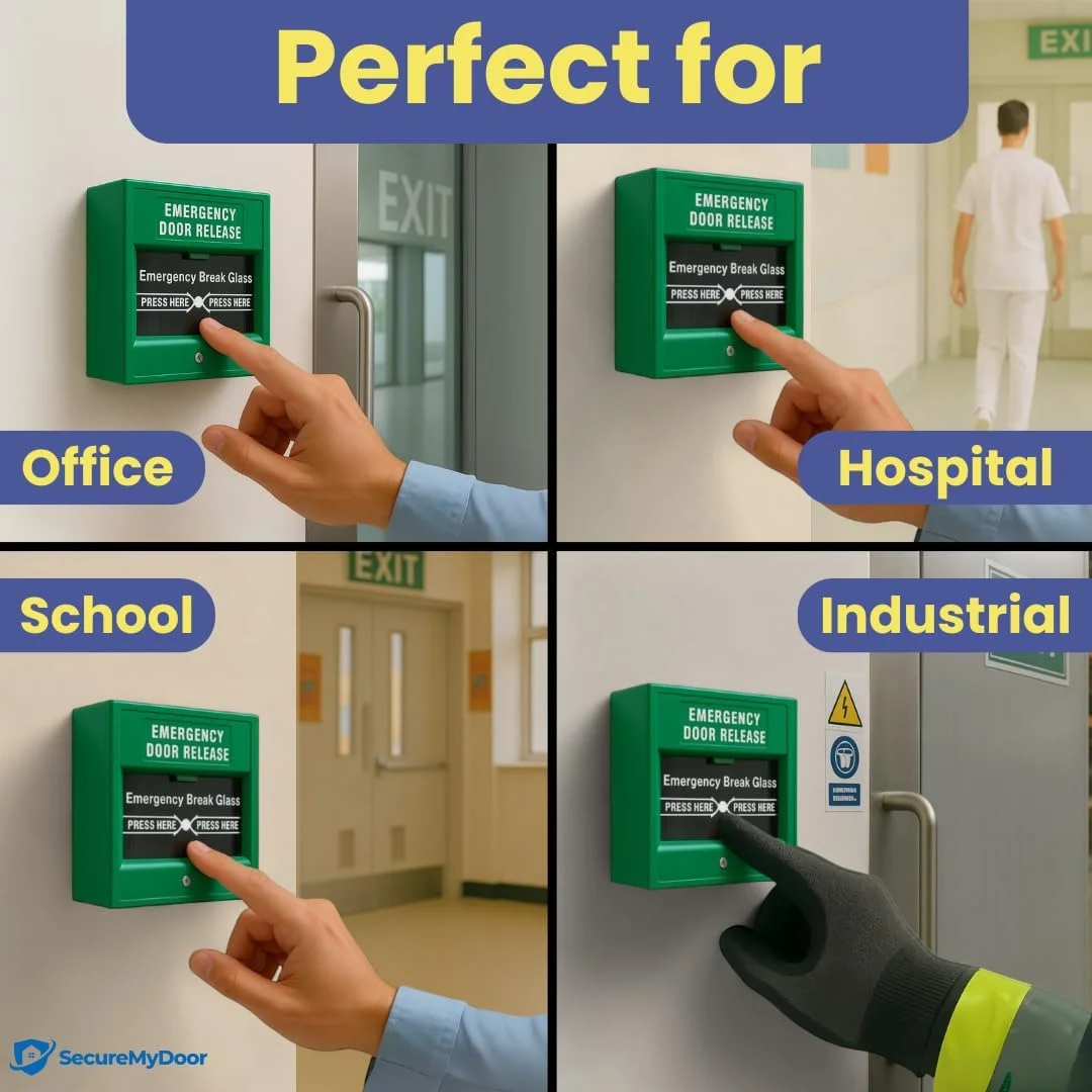 نقطه شکست شیشه ای رهاسازی اضطراری درب SecureMyDoor | نصب سطحی پلاستیکی سبز | لغو دستی دو قطبی برای کنترل دسترسی قفل های مغناطیسی | ایده آل برای ساختمان های تجاری و مسکونی نقطه شکست شیشه ای رهاسازی اضطراری درب SecureMyDoor | نصب سطحی پلاستیکی سبز | لغو دستی دو قطبی برای کنترل دسترسی قفل های مغناطیسی | ایده آل برای ساختمان های تجاری و مسکونی