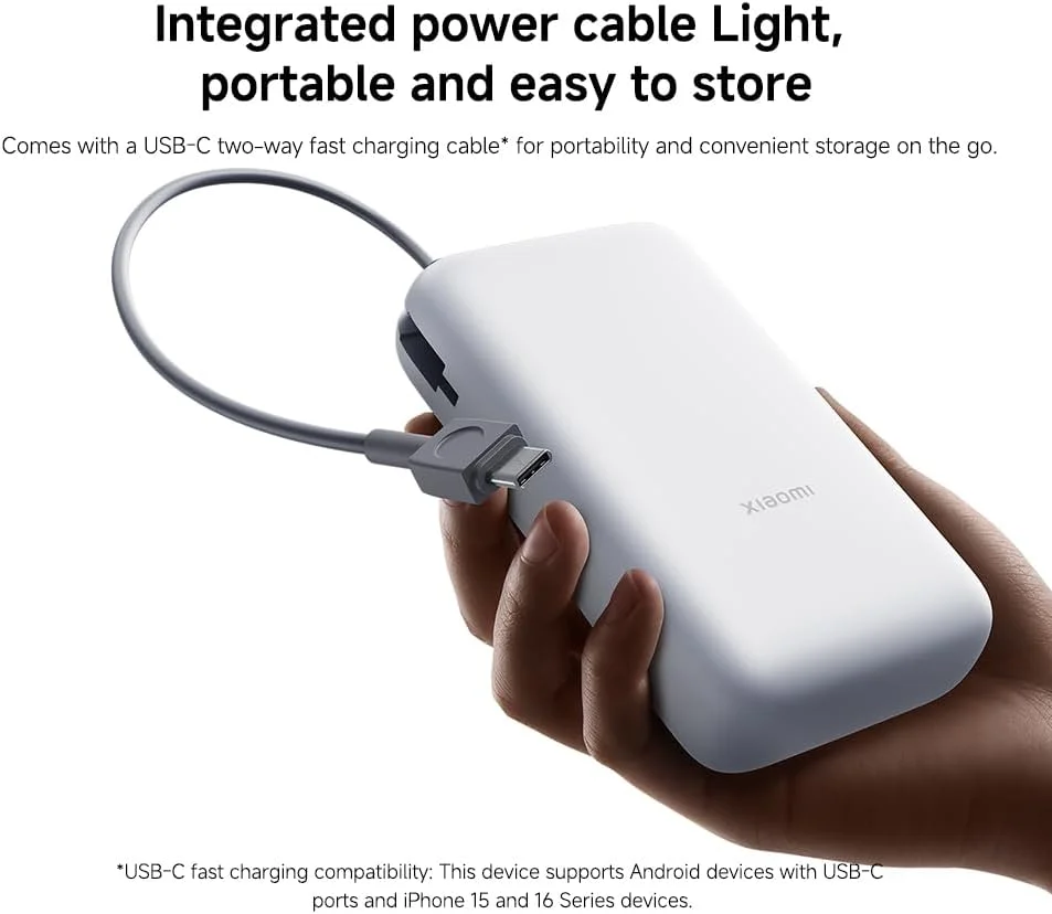 پاوربانک 20000 میلی آمپر ساعتی شیائومی 22.5 واتی (کابل یکپارچه) خاکستری روشن
