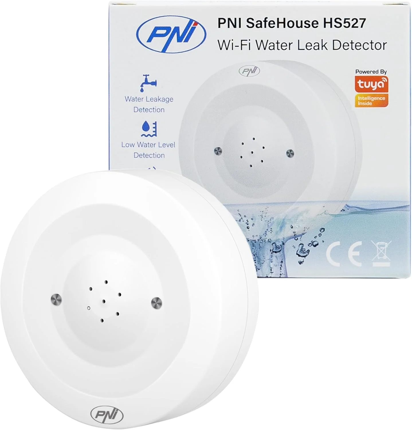 سنسور تشخیص نشت آب PNI SafeHouse HS527 با Wi-Fi، دارای آلارم صوتی 80dB، بلندگوی داخلی، برای تشخیص نشت و چکه آب، سازگار با برنامه Tuya، منبع تغذیه 3V