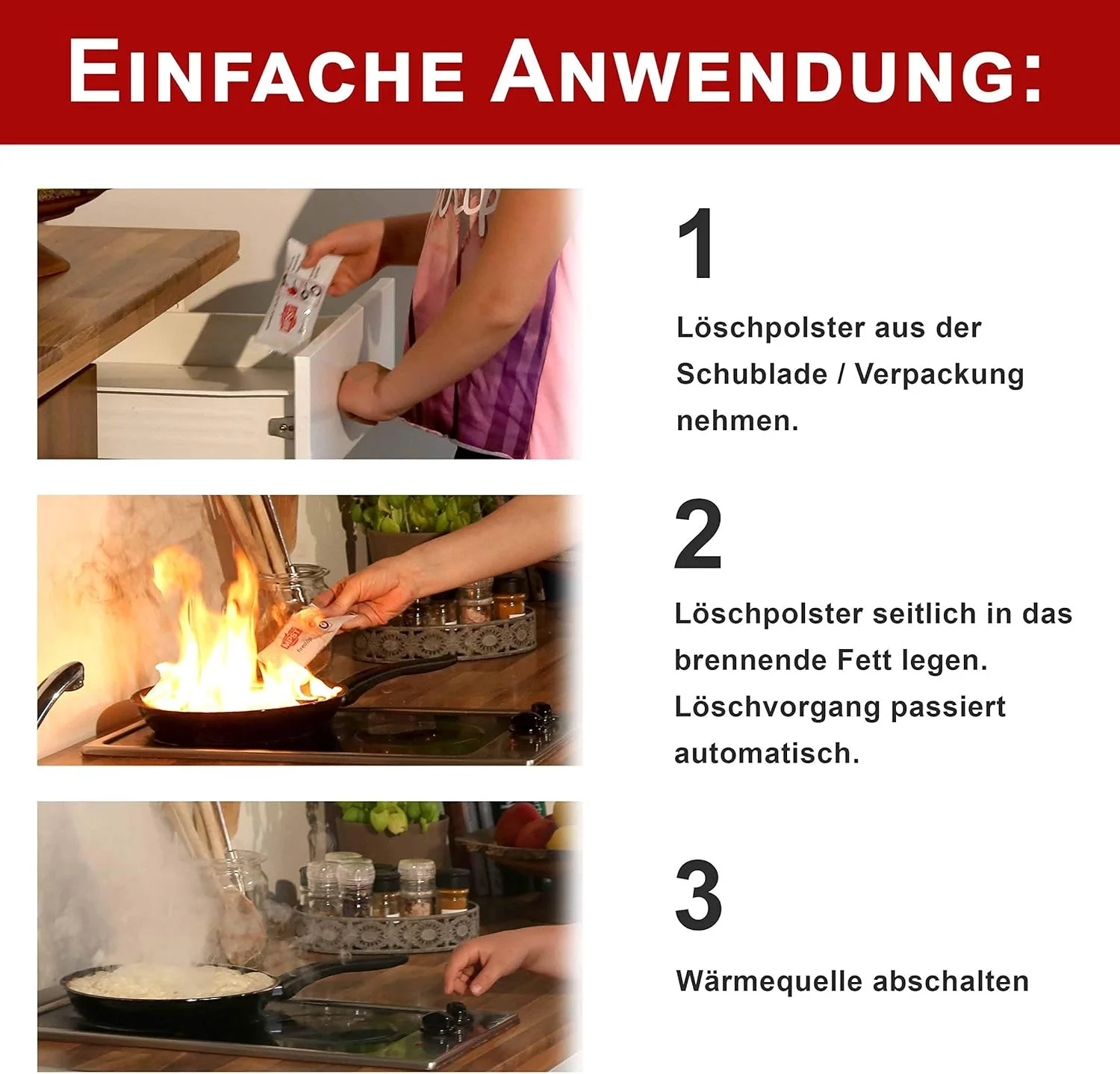 بسته 3 عددی پدهای خاموش کننده آتش چربی کلاس F – پدهای خاموش کننده آتش چربی MPST – محصول جدید برای آتش سوزی های چربی در تابه، قابلمه، سرخ کن عمیق در خانه، آشپزخانه – توصیه حفاظت در برابر آتش