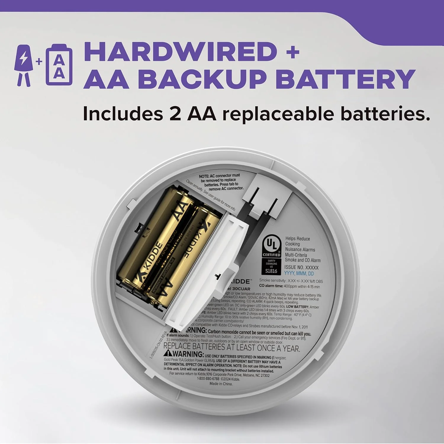 دتکتور دود و مونوکسید کربن سیمی Kidde، آلارم دود با پشتیبان باتری AA، قابلیت اتصال به هم، نشانگرهای چراغ هشدار LED، بسته 2 عددی