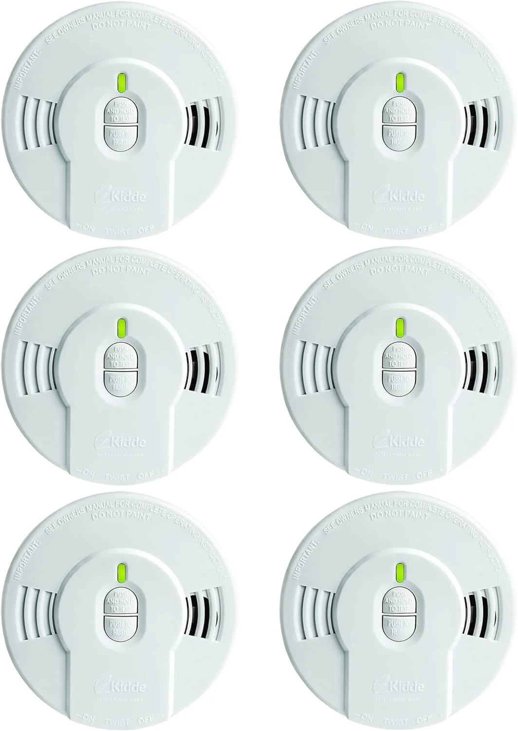 آشکارساز دود Kidde، باتری 10 ساله، نشانگرهای LED، هشدار تعویض، دکمه تست-تنظیم مجدد، بسته 6 عددی، سفید