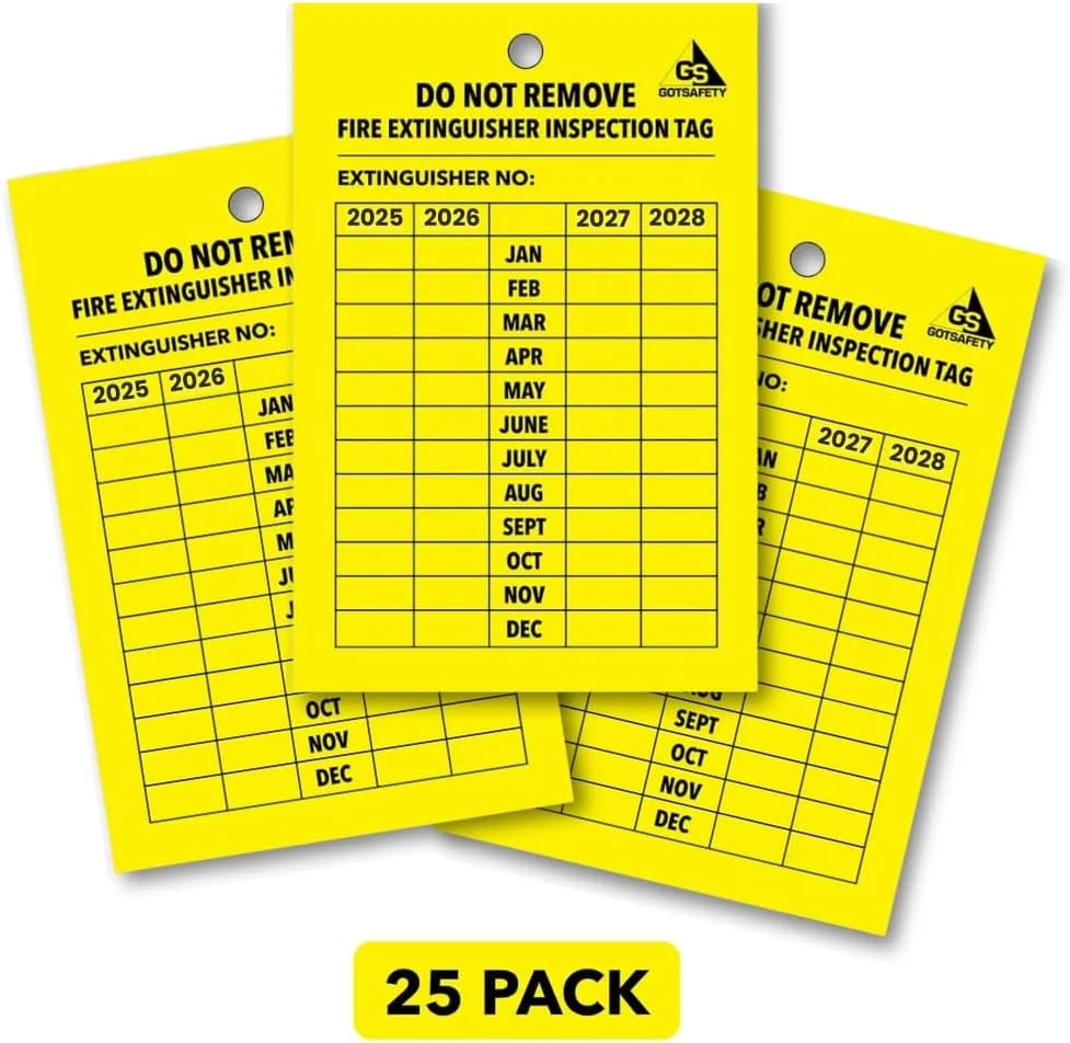 برچسب های بازرسی آتش نشانی 4 ساله GOTSAFETY - [بسته 25 عددی] [2025-2028] برچسب های ماهانه آتش نشانی، مقاوم در برابر اشعه ماوراء بنفش/ضد آب، عملکرد بسیار بادوام و هرگز پاره نمی شوند