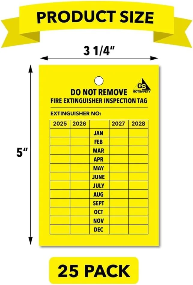 برچسب های بازرسی آتش نشانی 4 ساله GOTSAFETY - [بسته 25 عددی] [2025-2028] برچسب های ماهانه آتش نشانی، مقاوم در برابر اشعه ماوراء بنفش/ضد آب، عملکرد بسیار بادوام و هرگز پاره نمی شوند