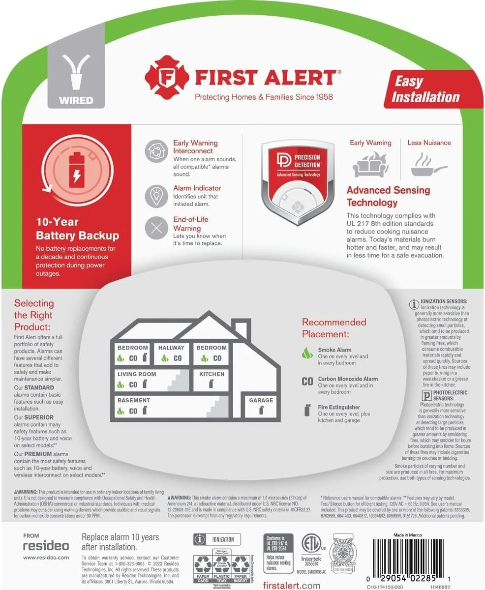 آشکارساز دود و مونوکسید کربن یونیزاسیون First Alert با سیم سخت و باتری پشتیبان 10 ساله آشکارساز دود و مونوکسید کربن یونیزاسیون First Alert با سیم سخت و باتری پشتیبان 10 ساله