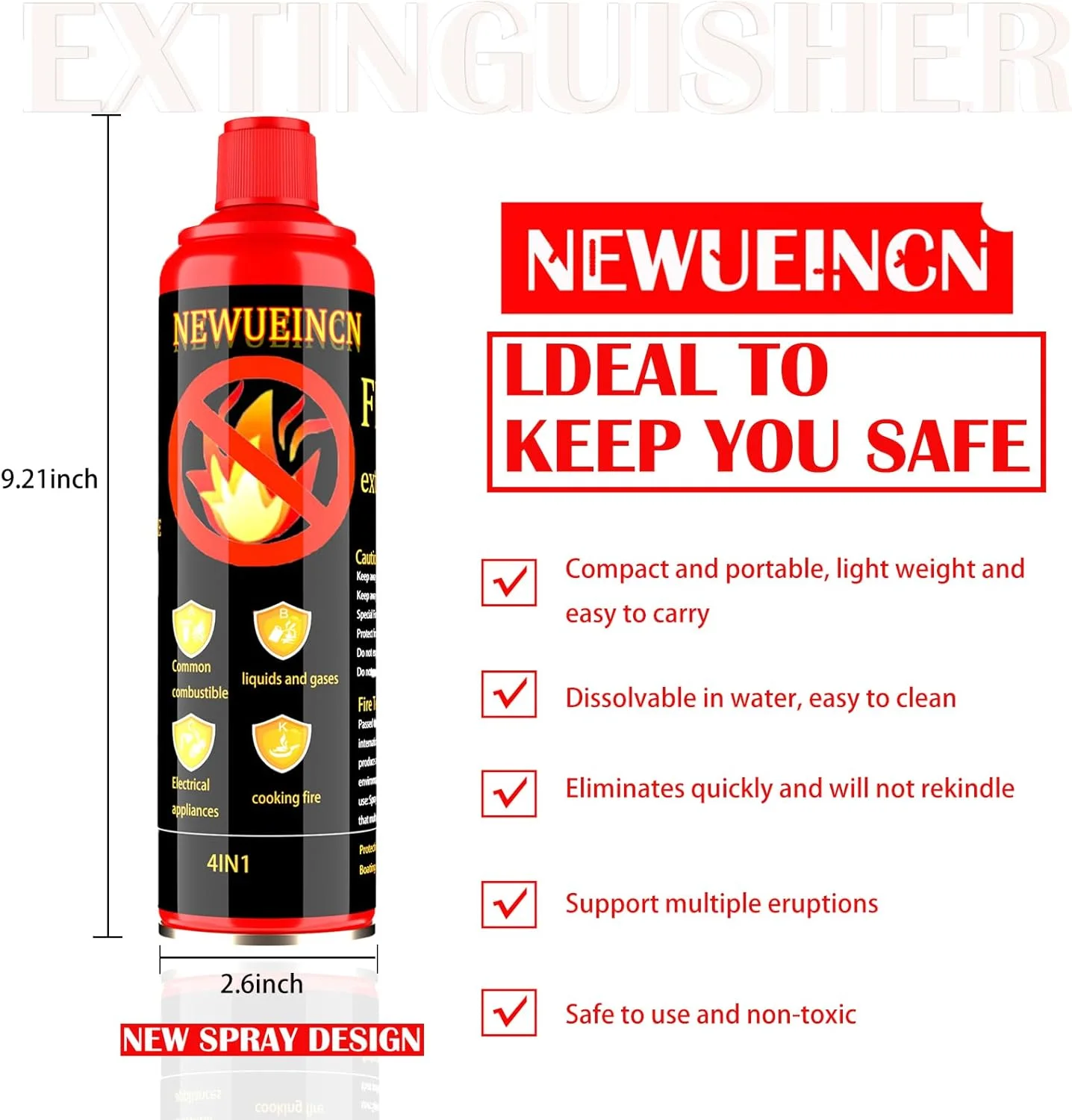 اسپری خاموش کننده آتش چند منظوره 4 در 1 برای خانه با پایه - اسپری آئروسل خاموش کننده قابل حمل برای قایق و جلوگیری از احتراق مجدد، خاموش کننده آتش نشانی مبتنی بر آب برای خودرو، آشپزخانه، ماشین، کامیون