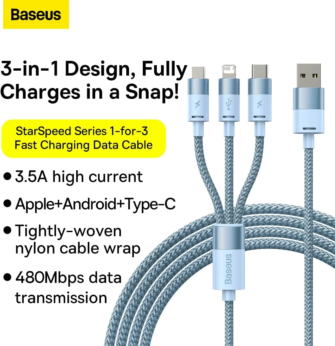 کابل شارژر تلفن USB سه در یک بیسوس، Starspeed 3.5A شارژ سریع USB Type C، Micro USB و USB به کابل لایتنینگ سازگار برای آیفون، سامسونگ، اوپو... 1.2 متری (آبی)