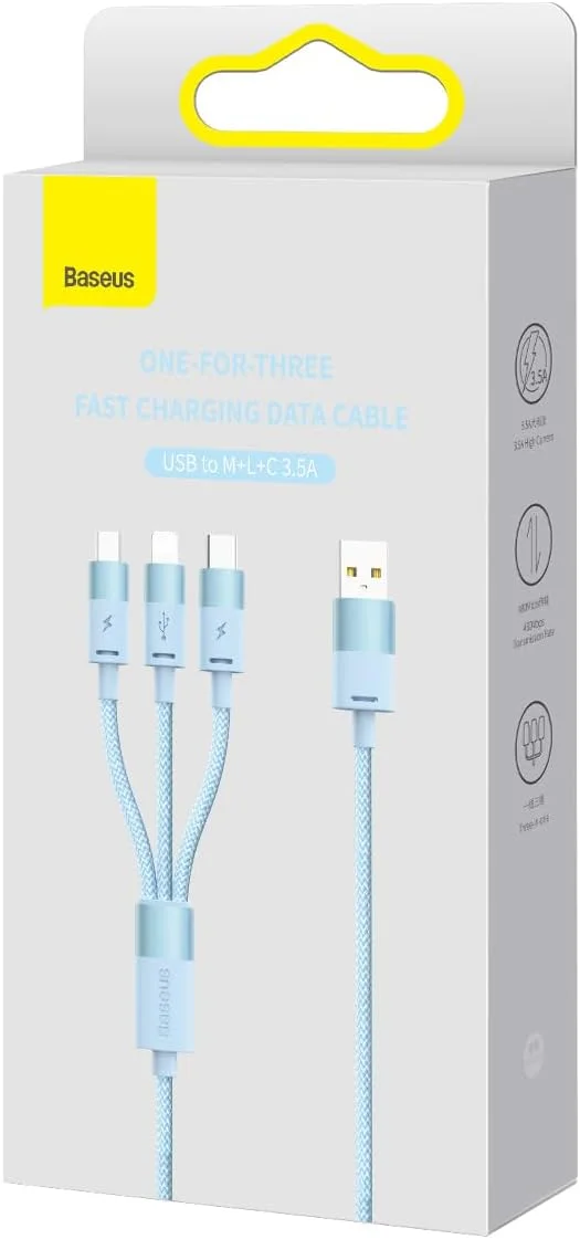 کابل شارژر تلفن USB سه در یک بیسوس، Starspeed 3.5A شارژ سریع USB Type C، Micro USB و USB به کابل لایتنینگ سازگار برای آیفون، سامسونگ، اوپو... 1.2 متری (آبی)