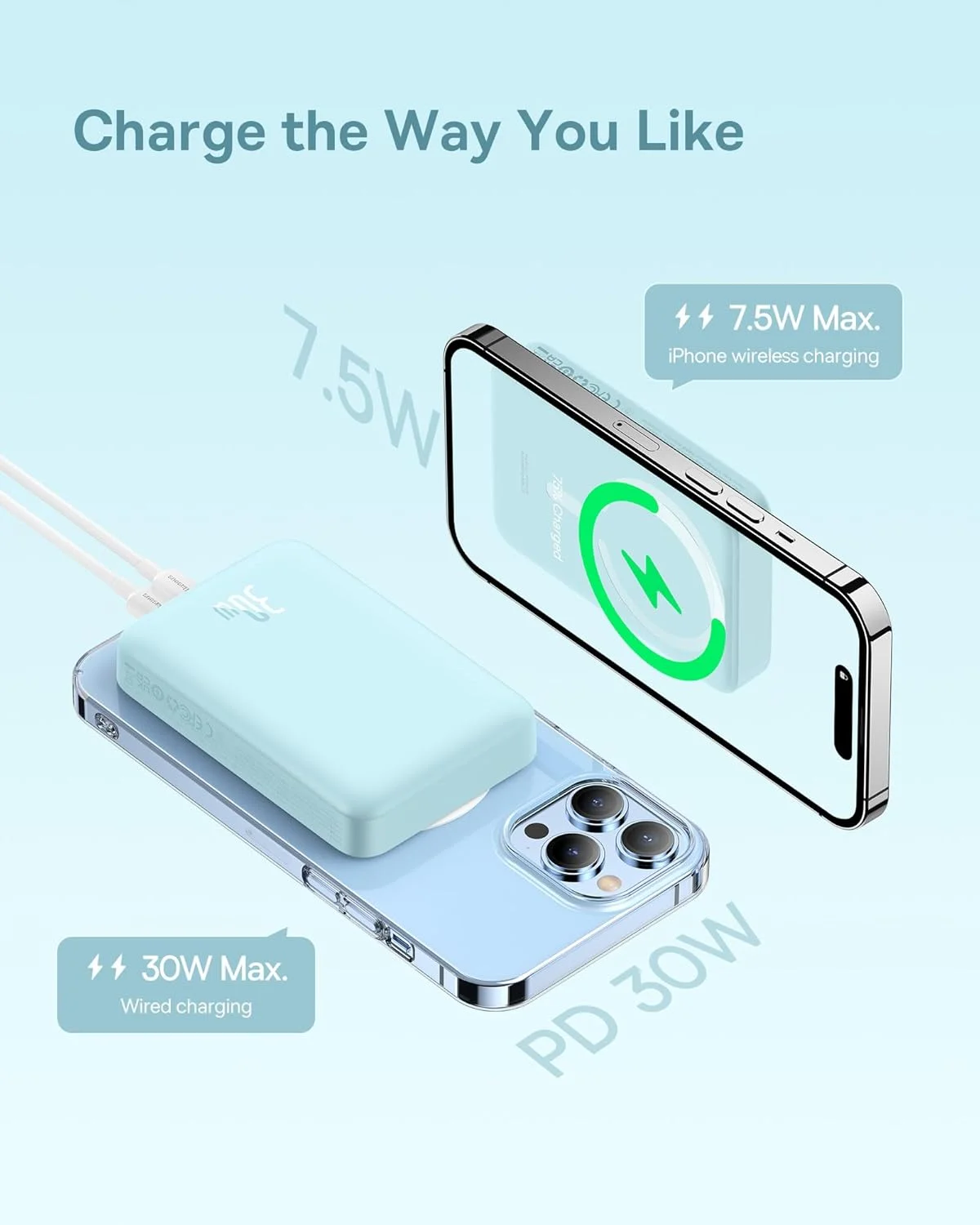 پاور بانک مینی مغناطیسی 10000mAh بیسوس، شارژر سریع 30W PD با کابل MagSafe Wireless و USB-C برای آیفون 16/15/14/13/12، آیپد، گلکسی، شارژ دوگانه دستگاه، شارژر قابل حمل جمع و جور (آبی) پاور بانک مینی مغناطیسی 10000mAh بیسوس، شارژر سریع 30W PD با کابل MagSafe Wireless و USB-C برای آیفون 16/15/14/13/12، آیپد، گلکسی، شارژ دوگانه دستگاه، شارژر قابل حمل جمع و جور (آبی)