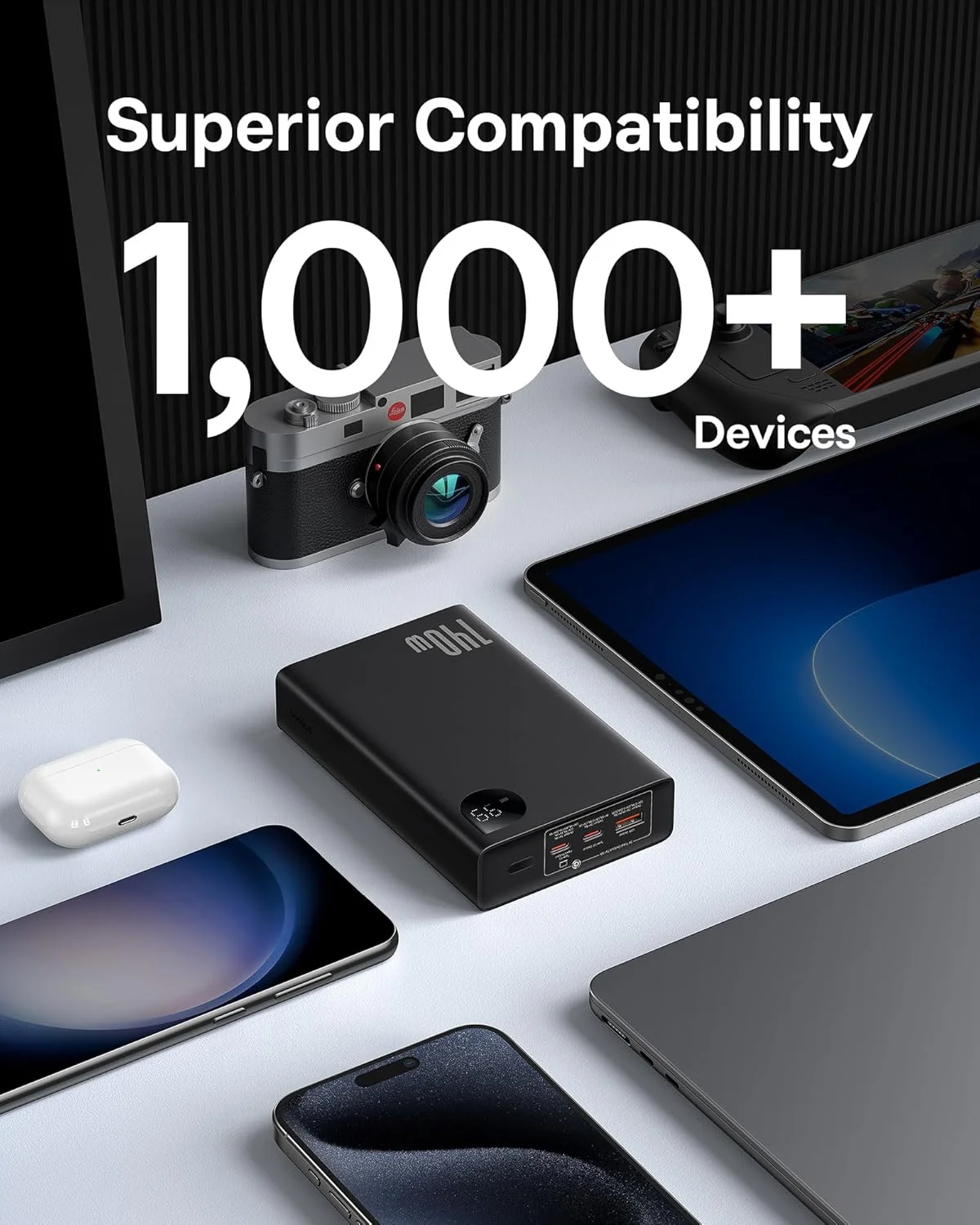 پاوربانک لپ تاپ 140 واتی بیسوس آدامان، نمایشگر LED، شارژر قابل حمل 24000 میلی آمپر ساعتی، بسته باتری 3 پورت برای مک بوک، آیپد، آیفون 16 پرو مکس، سامسونگ S24 Ultra (شامل کابل Type C)