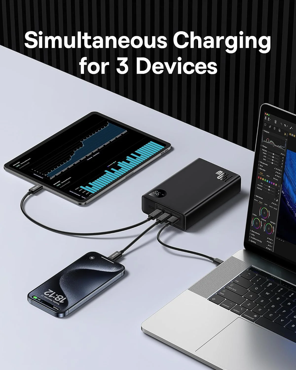 پاوربانک لپ تاپ 140 واتی بیسوس آدامان، نمایشگر LED، شارژر قابل حمل 24000 میلی آمپر ساعتی، بسته باتری 3 پورت برای مک بوک، آیپد، آیفون 16 پرو مکس، سامسونگ S24 Ultra (شامل کابل Type C)