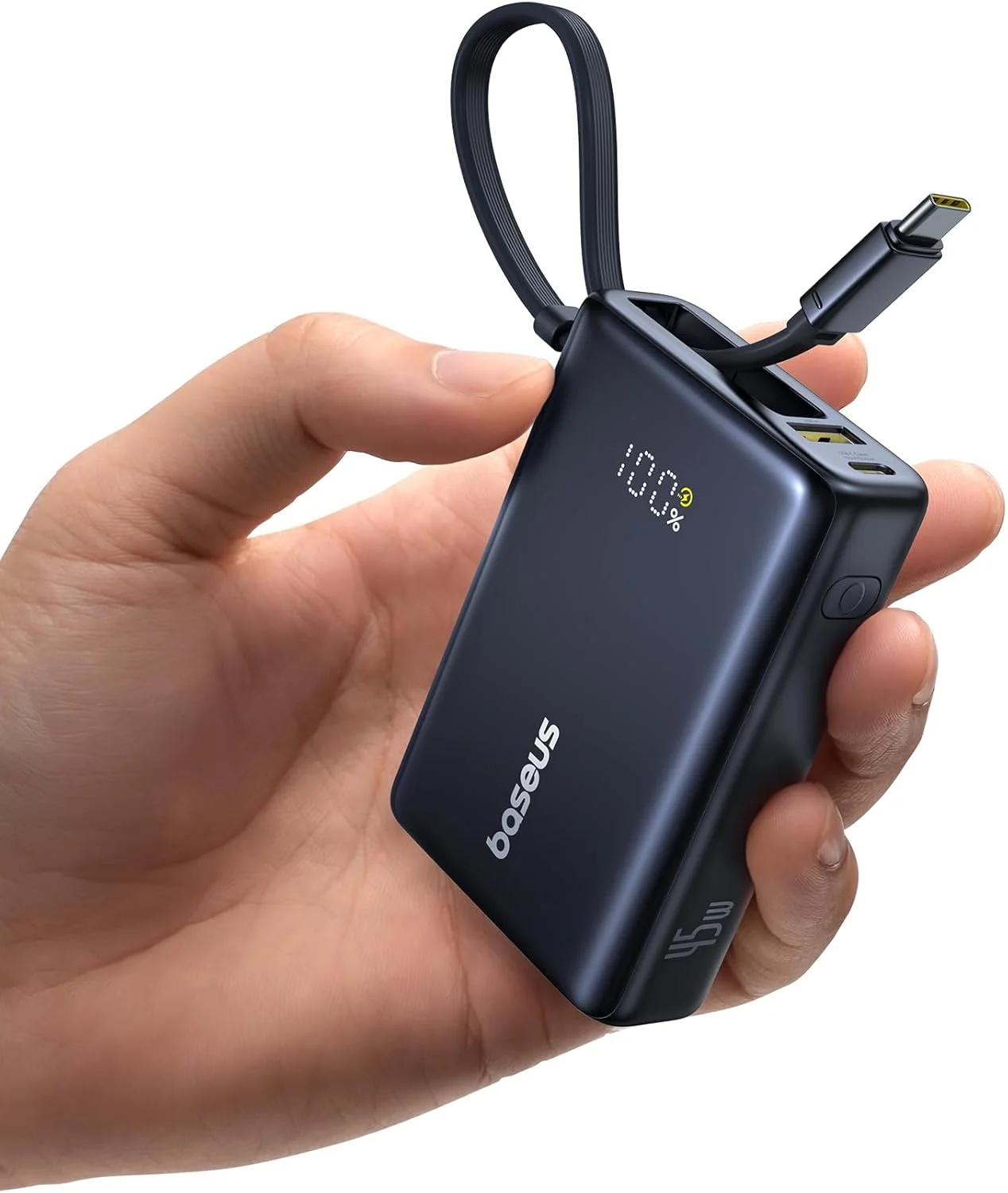 پاوربانک 10000 میلی آمپر ساعتی با شارژ سریع بیسوس، کابل USB-C 45 واتی، نمایشگر LED، 45W PD، 22.5W QC 3.0، برای آیفون 16، سامسونگ S24، آیپد پرو، مک بوک ایر/پرو، دل XPS 13، لنوو T14 و غیره
