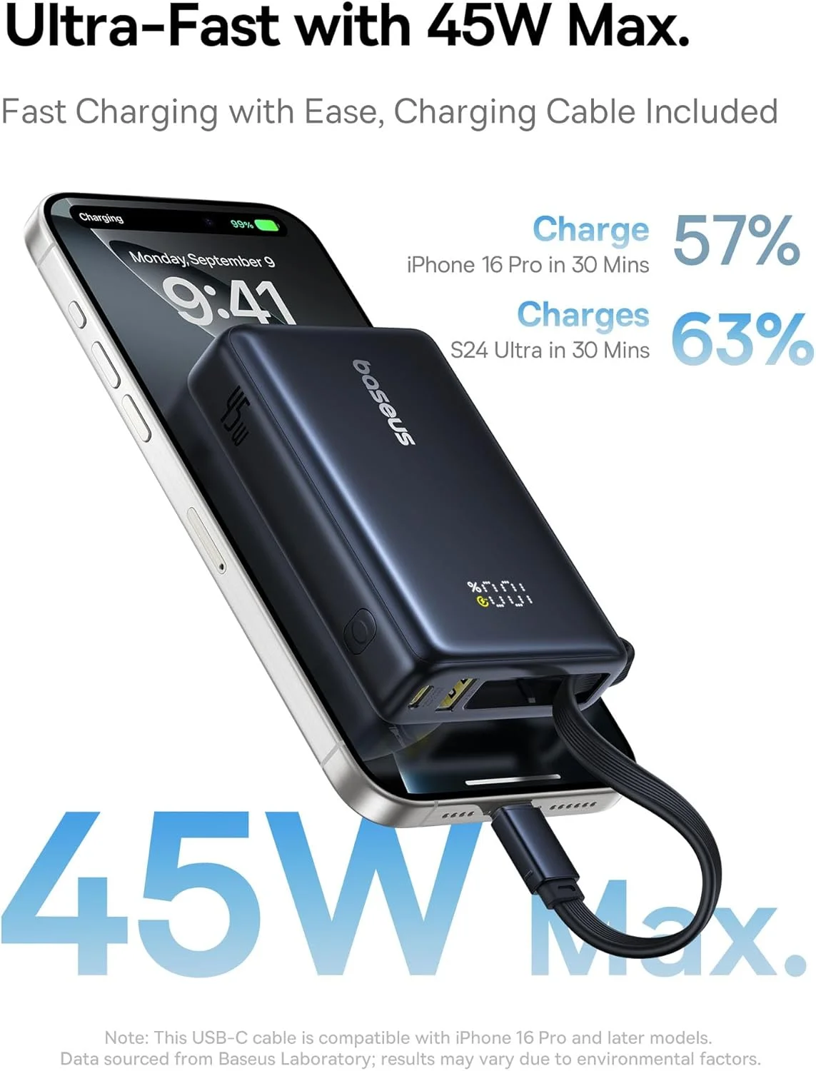 پاوربانک 10000 میلی آمپر ساعتی با شارژ سریع بیسوس، کابل USB-C 45 واتی، نمایشگر LED، 45W PD، 22.5W QC 3.0، برای آیفون 16، سامسونگ S24، آیپد پرو، مک بوک ایر/پرو، دل XPS 13، لنوو T14 و غیره پاوربانک 10000 میلی آمپر ساعتی با شارژ سریع بیسوس، کابل USB-C 45 واتی، نمایشگر LED، 45W PD، 22.5W QC 3.0، برای آیفون 16، سامسونگ S24، آیپد پرو، مک بوک ایر/پرو، دل XPS 13، لنوو T14 و غیره