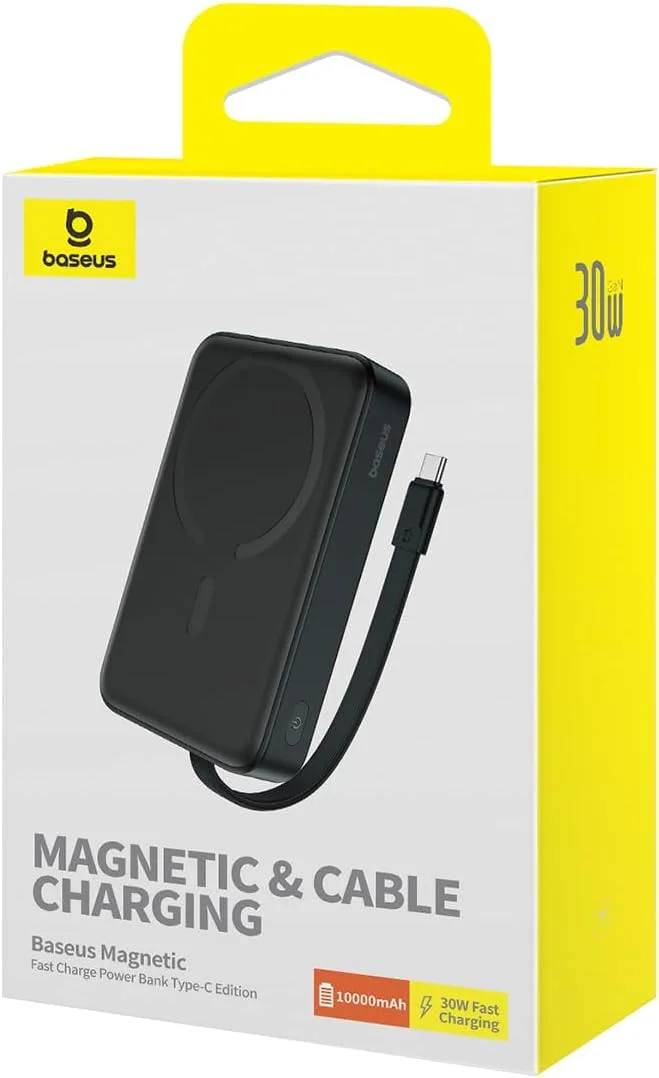 پاوربانک بیسیم مغناطیسی 30 واتی Baseus با ظرفیت 10000 میلی آمپر ساعت به همراه کابل USB C داخلی - بسته باتری سازگار با MagSafe برای آیفون 16/15/14/13، سامسونگ S25/S24 - مشکی پاوربانک بیسیم مغناطیسی 30 واتی Baseus با ظرفیت 10000 میلی آمپر ساعت به همراه کابل USB C داخلی - بسته باتری سازگار با MagSafe برای آیفون 16/15/14/13، سامسونگ S25/S24 - مشکی