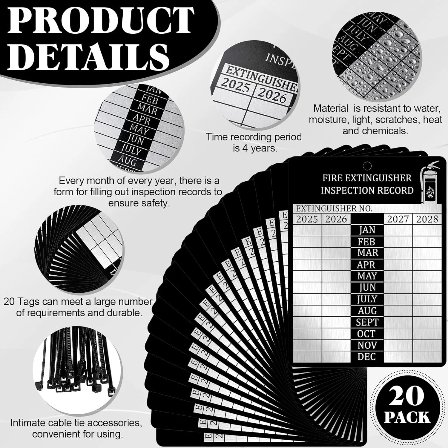 برچسب های کپسول آتش نشانی، برچسب های بازرسی ماهانه آتش نشانی 4 ساله به همراه بست کمربندی کابل برای ثبت سوابق تعمیر و نگهداری سرورها، 7.62x5.71 سانتی متر (80 عدد)