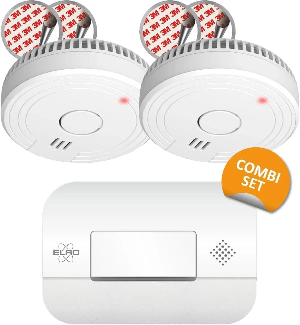 کیت پیشگیری از آتش سوزی ELRO FF1840 شامل 2 عدد دود دتکتور 5 باطری با نصب مغناطیسی و دتکتور مونوکسید کربن با سنسور 10 ساله، سفید، 3 قطعه