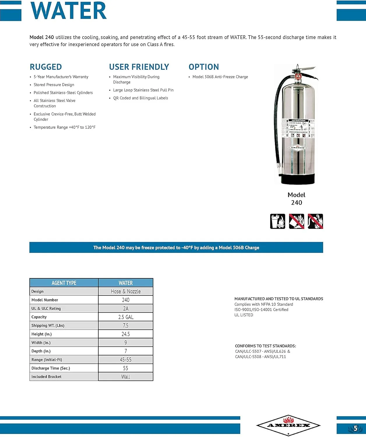 خاموش کننده آتش آب تحت فشار Amerex B240، 2.5 گالن برای آتش سوزی های کلاس A