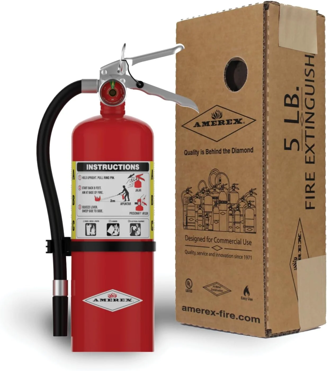 خاموش کننده آتش آمِرِکس B402، با وزن 5 پوند، مواد شیمیایی خشک ABC، مناسب برای آتش سوزی های کلاس A، B و C، به همراه براکت دیواری