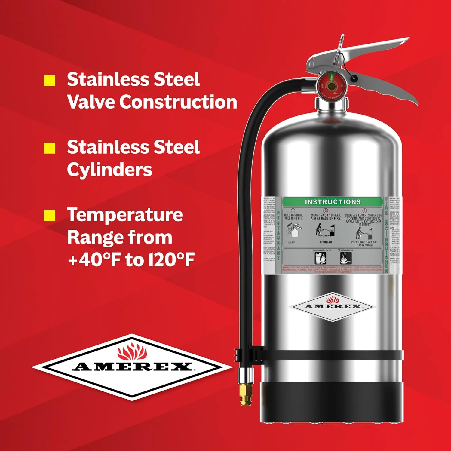 خاموش کننده آتش شیمیایی مرطوب کلاس K آمرکس C260 با ظرفیت 6 لیتر، دارای شیر استیل و آویز دیواری برای استفاده در آشپزخانه