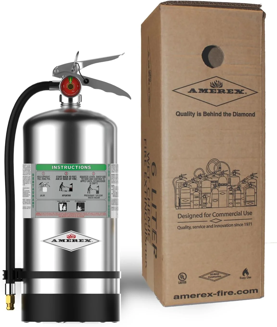 خاموش کننده آتش شیمیایی مرطوب کلاس K آمرکس C260 با ظرفیت 6 لیتر، دارای شیر استیل و آویز دیواری برای استفاده در آشپزخانه