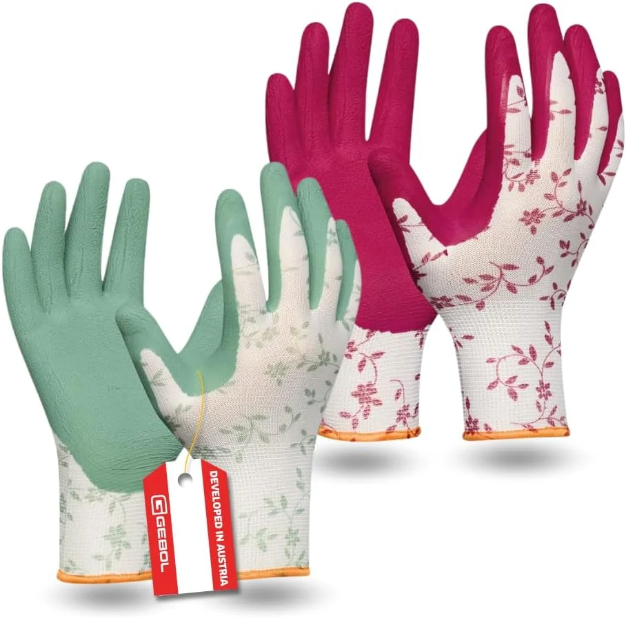 دستکش باغبانی Gebol Flower Duo، دو جفت سایز M (سایز 8)، بسته دوتایی دستکش کار با رنگ های مد روز 2023 با طرح گل، پوشش لاتکس نرم برای چسبندگی خوب برای زنان، قرمز و سبز
