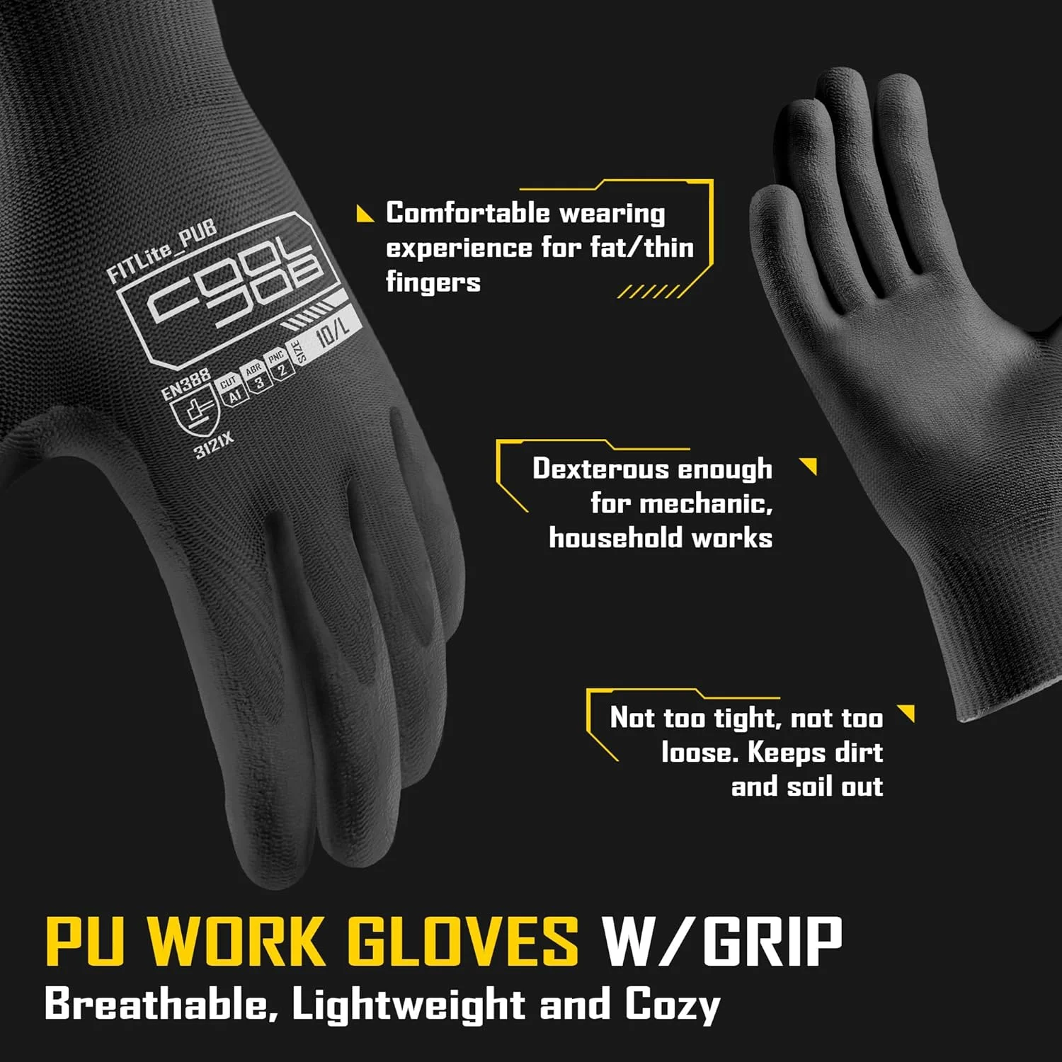 دستکش کار ایمنی با روکش پلی یورتان (PU) کول جاب، 12 جفت دستکش کار با قابلیت چنگ زنی، بسته عمده یک دوجین