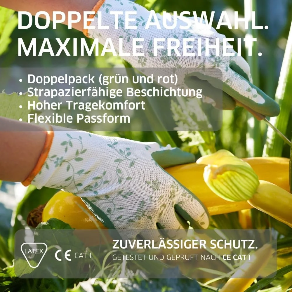 دستکش باغبانی Gebol Flower Duo، دو جفت سایز M (سایز 8)، بسته دوتایی دستکش کار با رنگ های مد روز 2023 با طرح گل، پوشش لاتکس نرم برای چسبندگی خوب برای زنان، قرمز و سبز