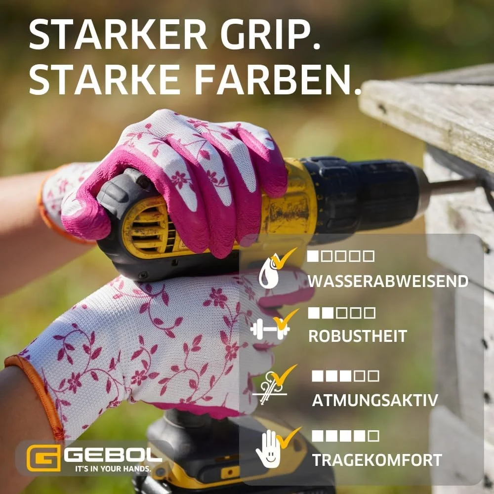 دستکش باغبانی Gebol Flower Duo، دو جفت سایز M (سایز 8)، بسته دوتایی دستکش کار با رنگ های مد روز 2023 با طرح گل، پوشش لاتکس نرم برای چسبندگی خوب برای زنان، قرمز و سبز
