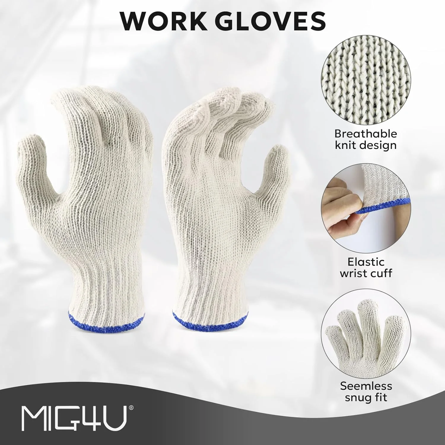 MIG4U دستکش کار 12 جفتی - دستکش نخی برای کار ایمنی - محافظ دست آستر دستکش محافظ حرارت برای BBQ