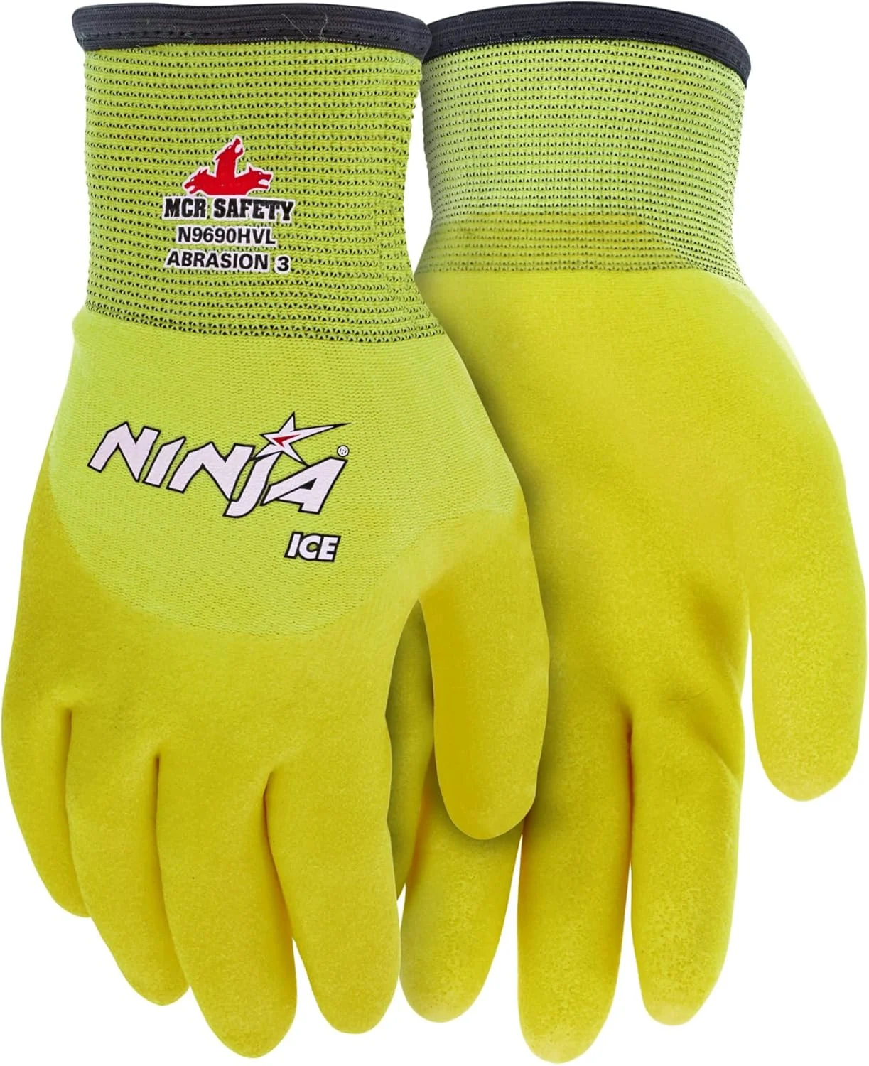دستکش ایمنی MCR مدل N9690HVS Ninja® Ice با دید بالا، نایلون عایق 15 گیج مناسب هوای سرد، لایه داخلی تری اکریلیک، پوشش HPT سه چهارم، زرد، کوچک، 1 جفت