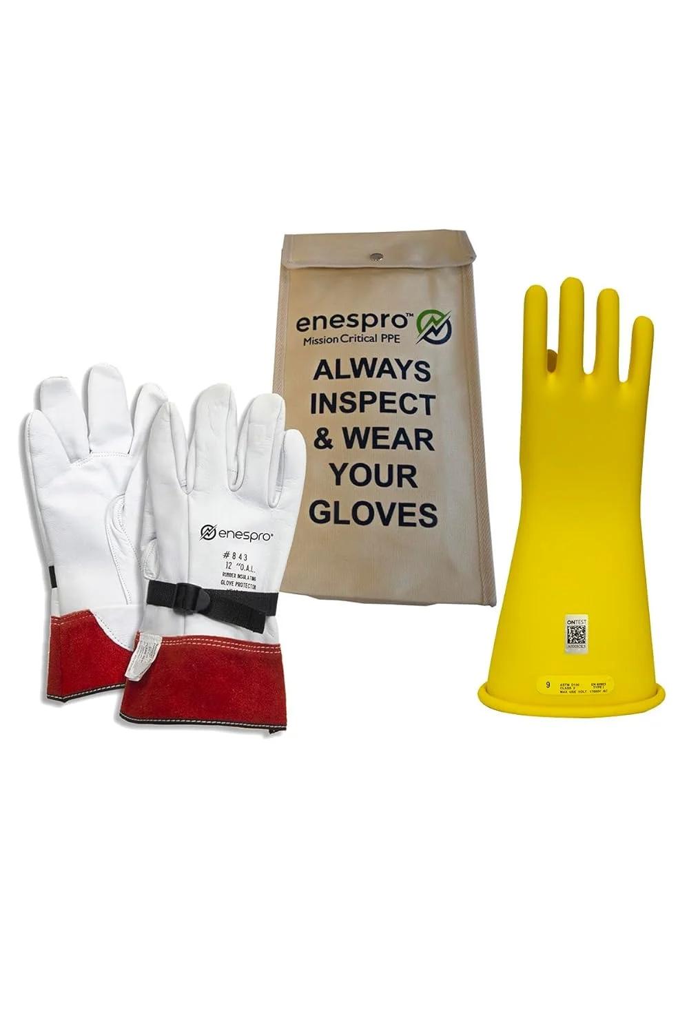 کیت دستکش عایق ولتاژ لاستیکی کلاس 2 زرد رنگ National Safety Apparel با محافظ چرمی، حداکثر ولتاژ استفاده 17000 ولت AC / 25500 ولت DC (KITGC2Y10)